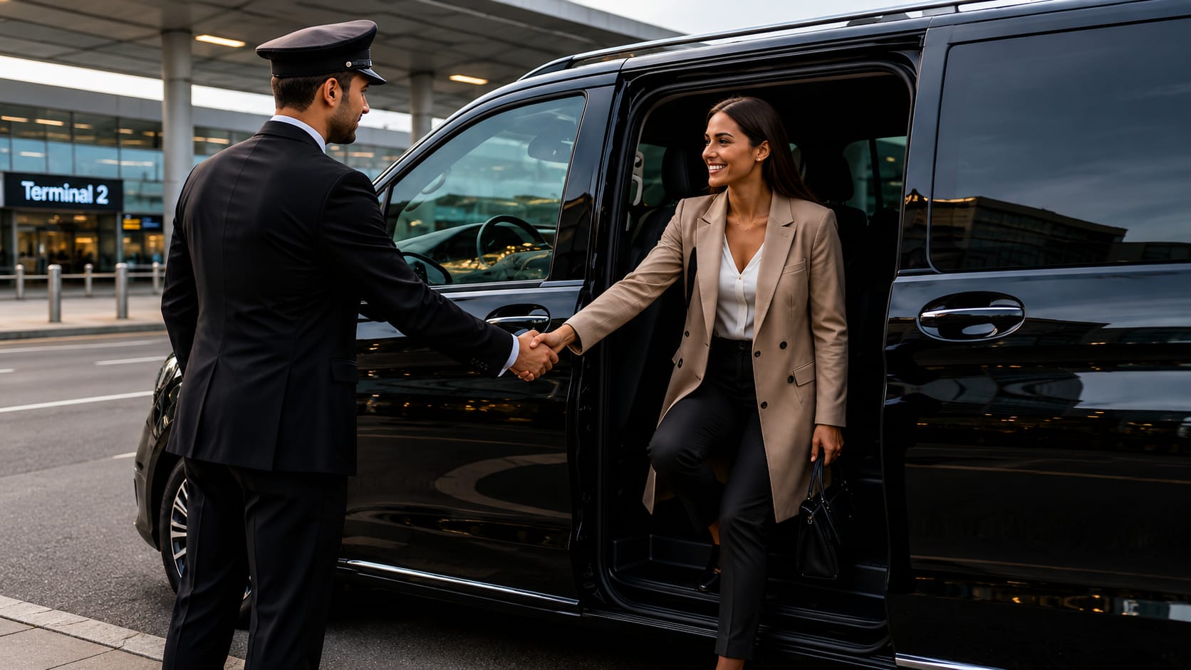 Business traveller meeting chauffeur at Manchester Airport.