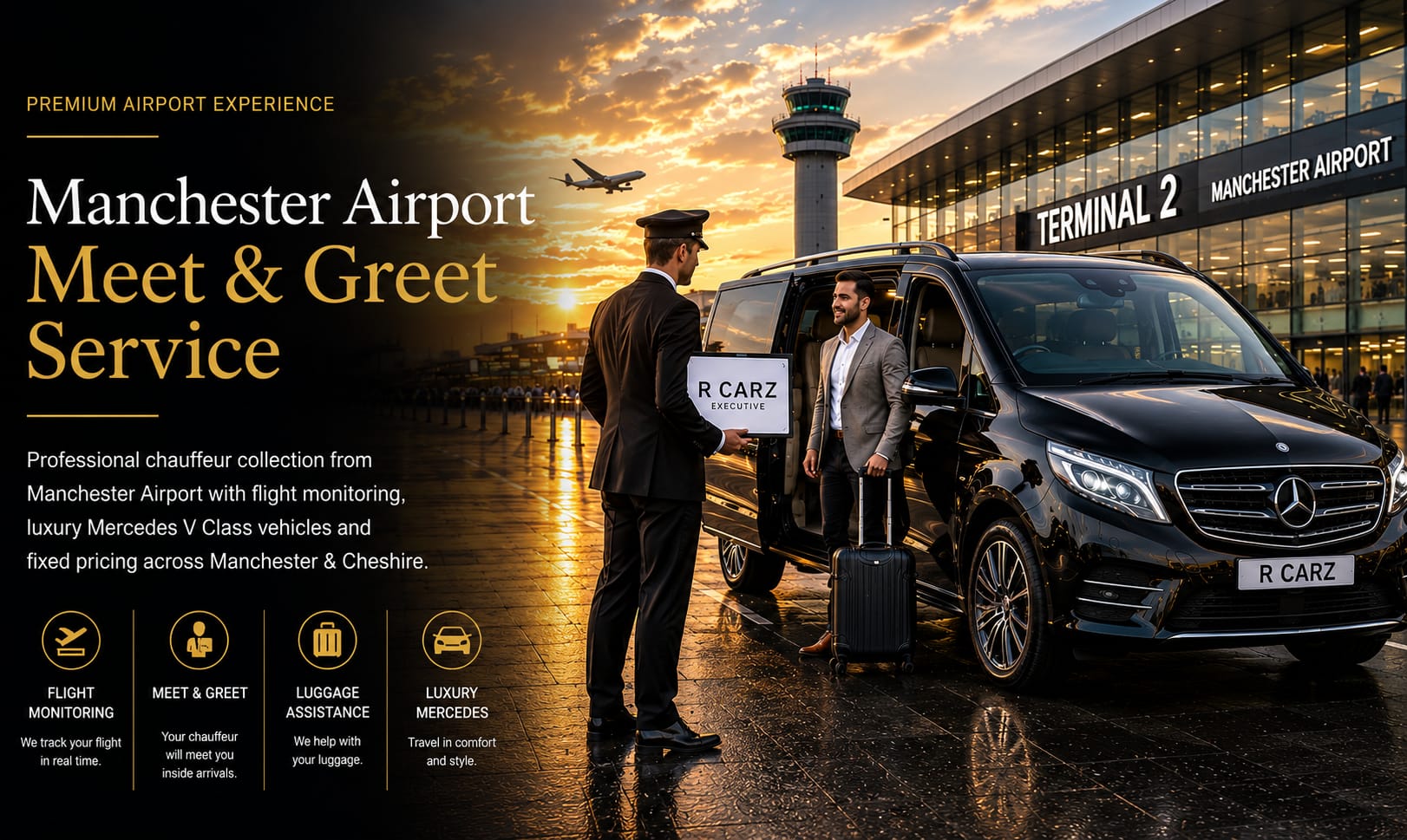 Manchester Airport Meet & Greet chauffeur service with Mercedes V-Class.