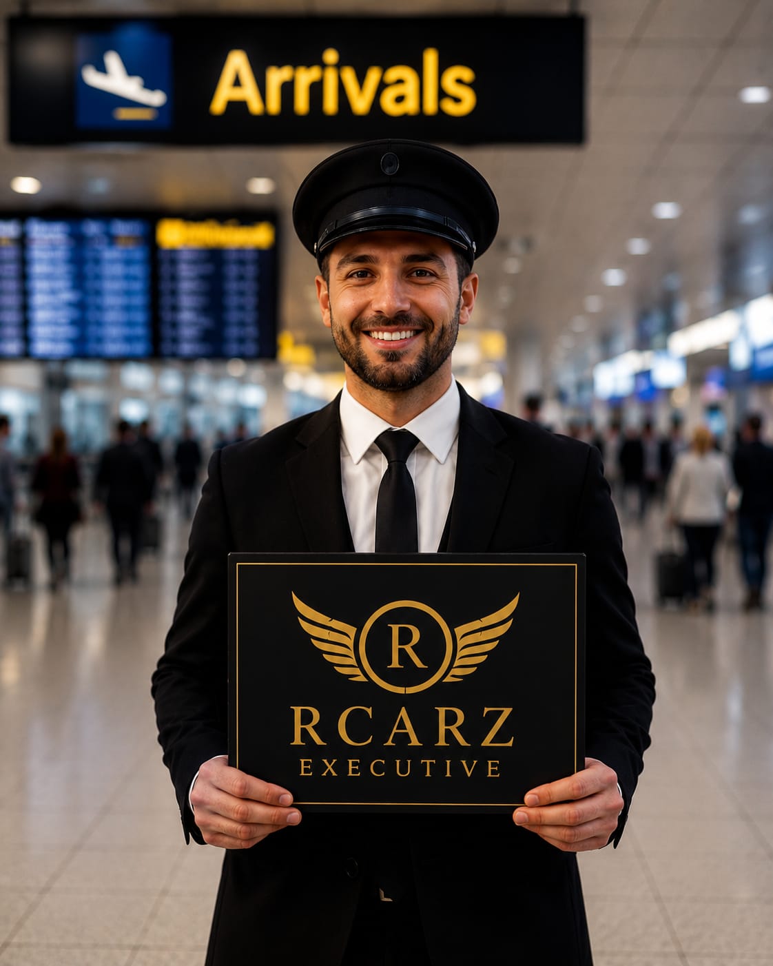 Chauffeur holding Rcarz Executive welcome sign inside Manchester Airport arrivals.